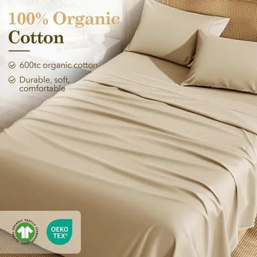 Miniatura 2 de SONORO KATE 100% Organic Cotton Sheets Set - 600 Thread Count, GOTS Certified Cotton Bed Sheets, Soft, Breathable & Silky Sateen Weave Sheets, 16