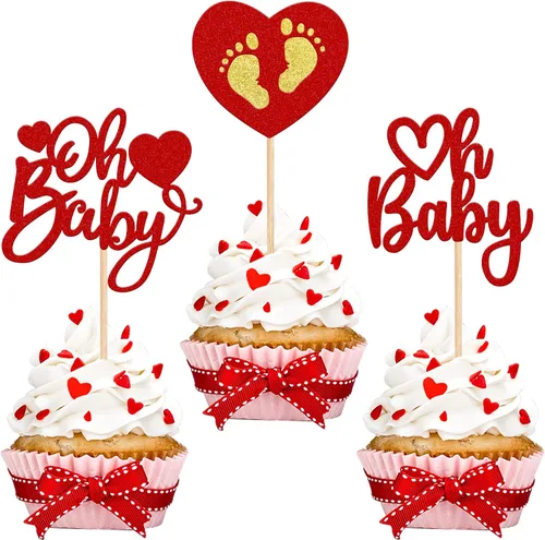 Miniatura 14 de 24 piezas de decoración para cupcakes para el día de San Valentín con purpurina roja para pies de bebé, carruaje de amor, corazón, día de San