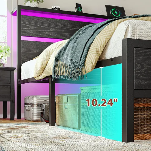 Miniatura 3 de Homkdom - Estructura de cama tamaño matrimonial con luces LED y estación de carga, estructura de cama completa con cabecero de almacenamiento, 13