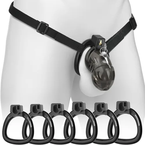 Jaula de castidad masculina, jaula de polla grande de silicona suave y ligera con 6 tamaños de anillos y cerradura invisible para ejercicio del pene