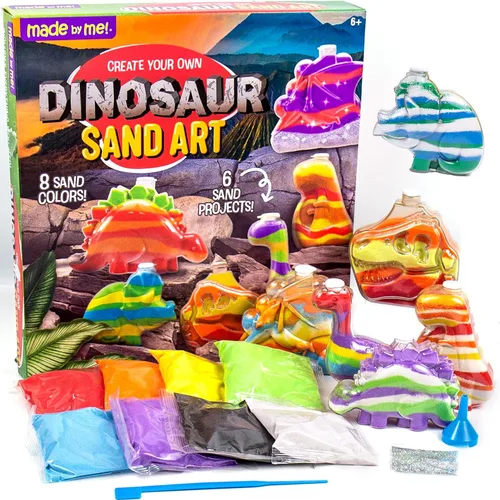 Made By Me Crea tu propio arte de arena de dinosaurio por Horizon Group USA, incluye 6 botellas con temática de dinosaurio con tapas, 8 colores de