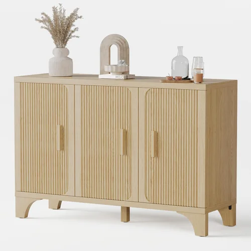 Miniatura 9 de Gabinete de buffet acanalado moderno de mediados de siglo con almacenamiento, aparador decorativo y armario de almacenamiento de credenza con Roble