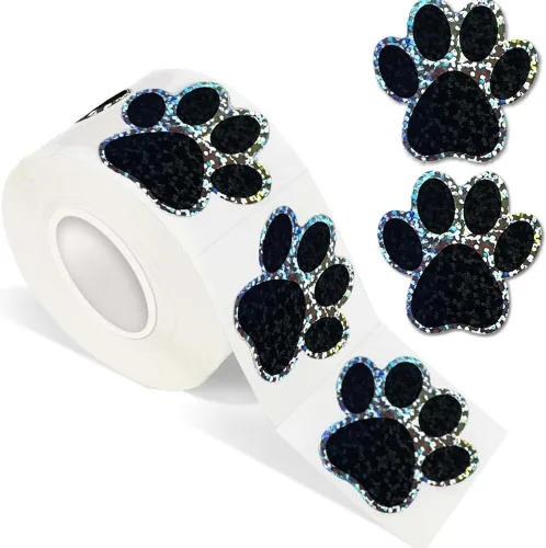 500 piezas de rollo de calcomanías lindas de patas de perro en glitter, etiquetas adhesivas de huellas de perro negro, etiquetas de vinilo