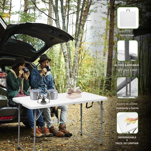 Miniatura 6 de Byliable Mesa plegable portátil de plástico resistente de 4 pies, mesa utilitaria plegable por la mitad, pequeña para interiores y exteriores, Blanco