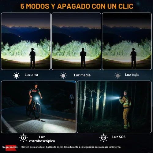 Miniatura 5 de Paquete de 3 linternas recargables de alto lúmenes 9900FL, linterna LED recargable con pantalla digital LCD, 5 modos de luz de flash ajustable