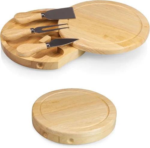 PICNIC TIME Juego de tabla y cuchillos de queso Brie, juego de tablas de charcutería con herramientas de acero inoxidable y ranura para jugo, plato