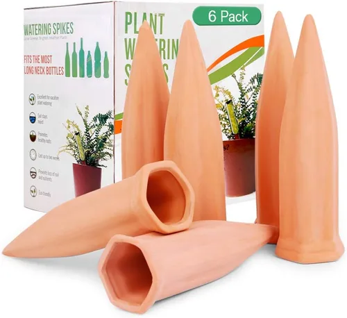 REMIAWY Estacas de riego de plantas, paquete de 6 bebederos automáticos de plantas para vacaciones, picos de riego automático de terracota para