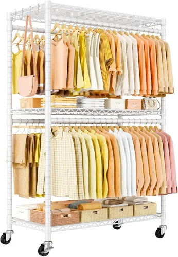 Miniatura 10 de ULIFHOME P5 Plus - Perchero resistente para colgar ropa, perchero de metal con ruedas, estante portátil de 3 niveles para armario de 45 pulgadas