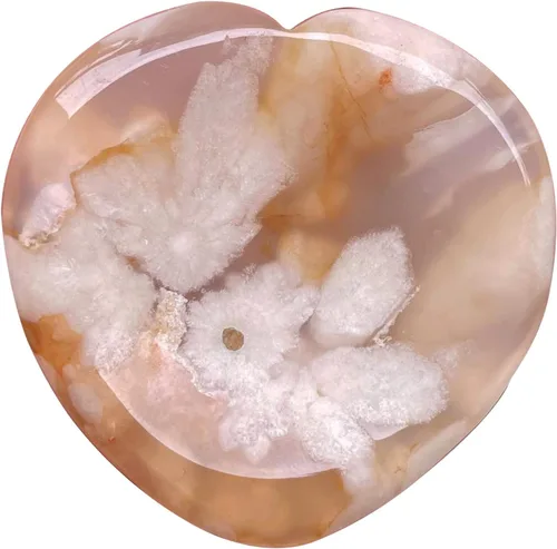 Fekuar Piedra natural de flor de cerezo, ágata de cuarzo para el pulgar, tallada a mano, cristal curativo en forma de corazón, piedra para aliviar
