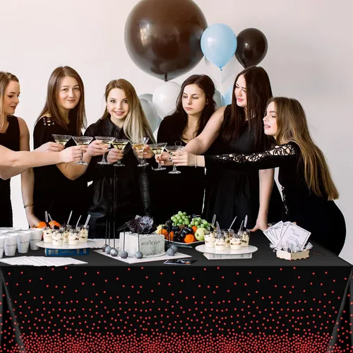 Miniatura 5 de Paquete de 1 mantel de plástico con puntos rojos y negros, mantel desechable de plástico rectangular de plástico con estampado de puntos rojos