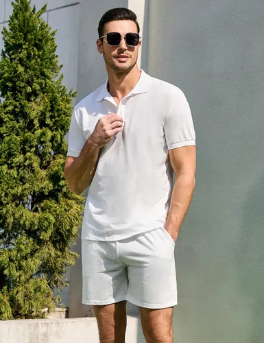 Miniatura 5 de TURETRENDY Conjunto de camisa polo y pantalones cortos para hombre, traje de polo de manga corta casual de 2 piezas, trajes de verano con botones