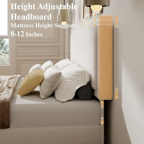 Miniatura 4 de Armazón de Cama Tamaño Completo con Cabecera Ajustable, Cama Plataforma Boucle Cloud con Listones de Madera, Base para Colchón, No Necesita Somier