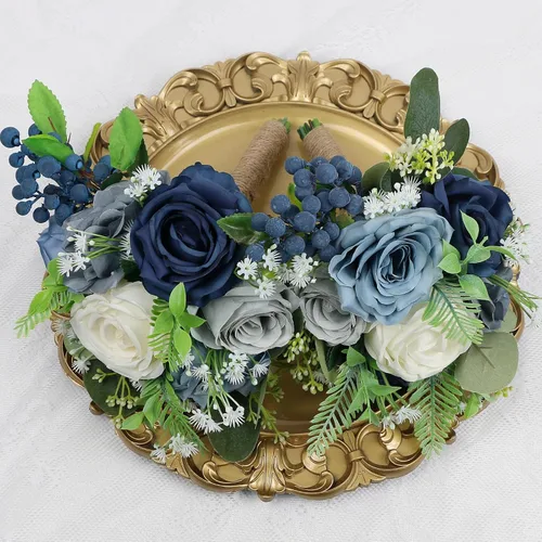 Miniatura 5 de Juego de 4 ramos para dama de honor para boda - Ramos de flores artificiales de 7 pulgadas para decoración de centros de mesa de ceremonia y Azul