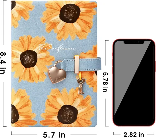Miniatura 2 de Diario infantil de cuero sintético con candado y llave, agenda de viaje, agenda, cuaderno secreto de notas para mujer, 5.3 x 8.4 pulgadas, girasol