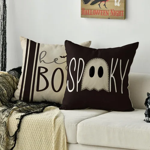Miniatura 5 de AVOIN colorlife Juego de 4 fundas de almohada de Halloween Hey Boo con diseño de fantasma, 16 x 16 pulgadas, para sofá