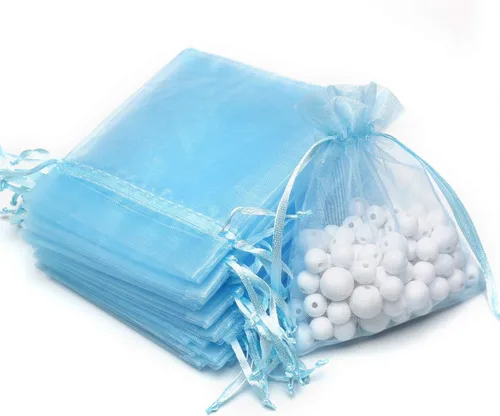 Akstore 50 bolsas de organza con cordón transparente de 3.15 x 4 pulgadas para joyas, bodas, fiestas, Navidad, bolsas de regalo (azul pálido, 3 x 4)