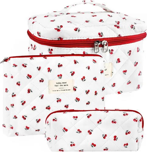 Miniatura 18 de URSKYTOUS Juego de 3 Bolsas de Maquillaje Acolchadas, Set de Bolsas de Cosméticos con Lazo para Viaje, Bolsa Grande de Maquillaje para Mujeres