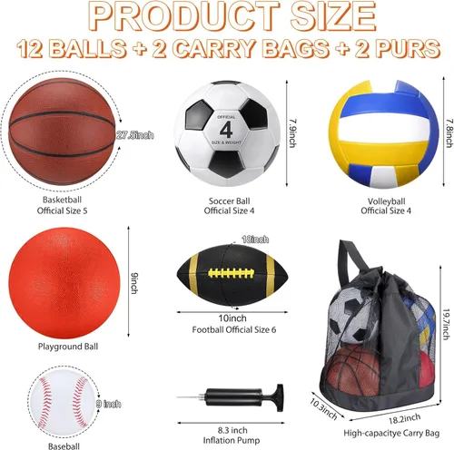 Miniatura 2 de Deekin 12 Pcs Assorted Sport Ball Set for Kids Official Size Basketball Football Volleyball Soccer Baseball Playground Ball with Bag and Pump for