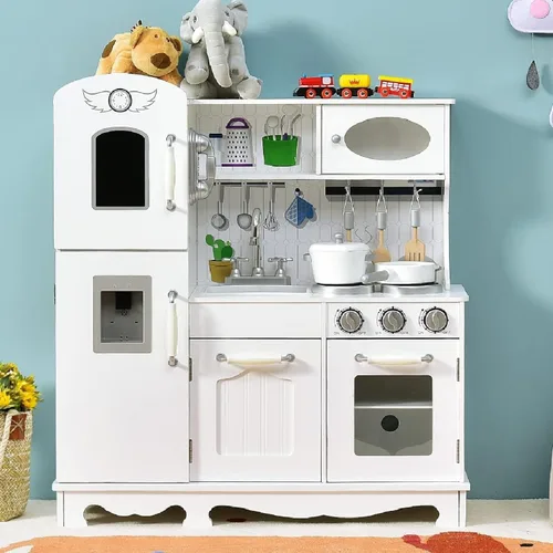 Miniatura 13 de Costzon Juego de cocina para niños, cocina de juguete de madera con luz y sonido, microondas, máquina de hielo, horno, fregadero y grifo, accesorios