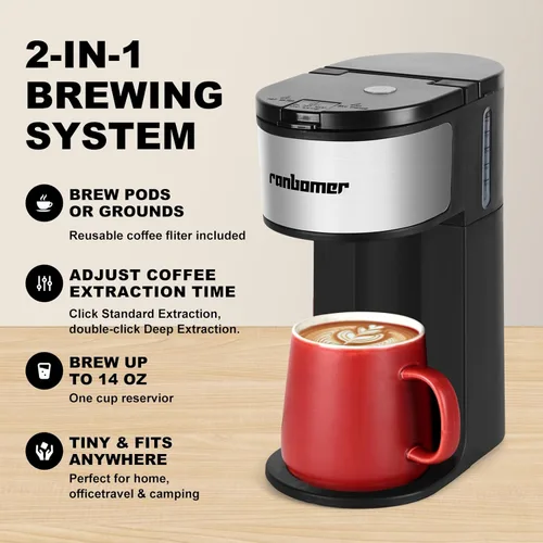 Miniatura 4 de Ranbomer K Cup Coffee Maker, Single Serve coffee machine or Ground Coffee Machine 2 in 1, 6 to 14 Oz Brew Sizes, Mini One Cup Coffee Maker with Self