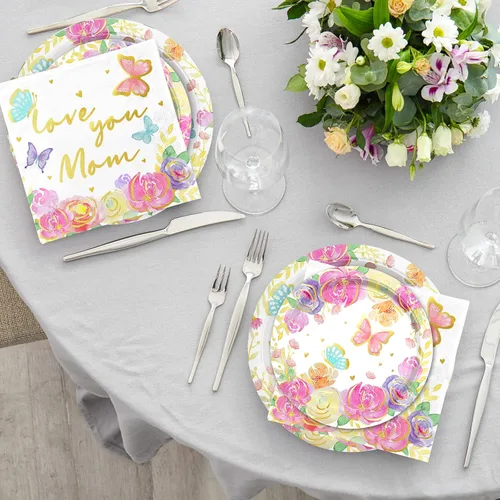 Miniatura 3 de Decoraciones de fiesta del Día de la Madre, Serve 25, Happy Mother Day Pack incluye: platos de papel para cena, platos de postre, servilletas