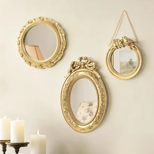 AELS Paquete de 3 pequeños espejos dorados antiguos para decoración de pared, espejo para colgar en la pared, decoración del hogar de lujo, espejo