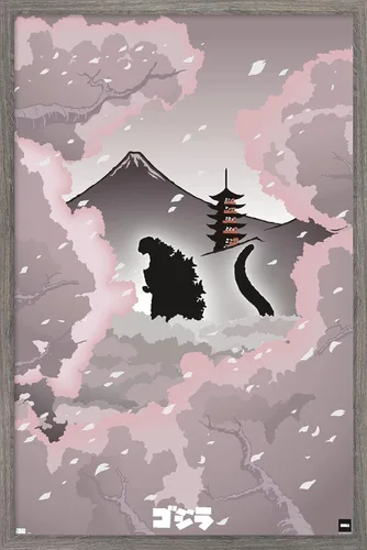 Trends International Godzilla - Póster de pared tipo telón de fondo, 14.725 x 22.375 pulgadas, versión enmarcada en madera de granero