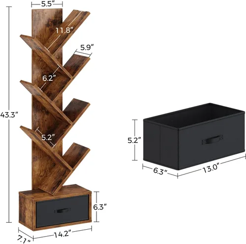 Miniatura 3 de Rolanstar Estantería con cajón, estantería de árbol de 4 estantes, estanterías de madera rack de almacenamiento para CDs/películas/libros