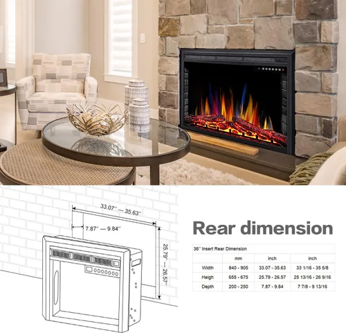 Miniatura 5 de ELECTACTIC Inserto de chimenea eléctrica de 36 pulgadas, calentador de estufa eléctrica empotrado, pantalla táctil, control remoto, 750W-1500W