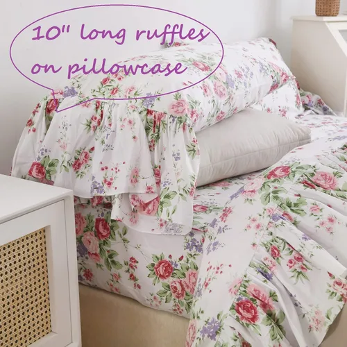 Miniatura 5 de Queen's House Juego de Sábanas Florales de Rosas Románticas de 4 Piezas Ropa de Cama Vintage Shabby Chic Estilo Campestre Francés Sábanas con Rosa