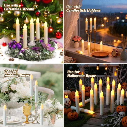 Miniatura 6 de Lezonic - Velas cónicas sin llama operadas por batería, 24 piezas de velas LED blancas para ventanas de Navidad, velas cónicas cortas de 15 cm