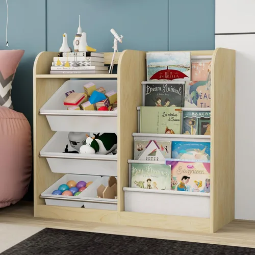Miniatura 26 de Estantería de 4 niveles para niños de madera, estantería de cinco capas para libros de niños, estante de almacenamiento para bebés y niños pequeños