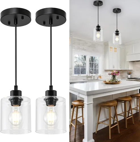 Miniatura 8 de 1 lámpara colgante de isla de cocina, moderna lámpara colgante de granja, lámpara de techo negra ajustable de 39 pulgadas para comedor, base E26