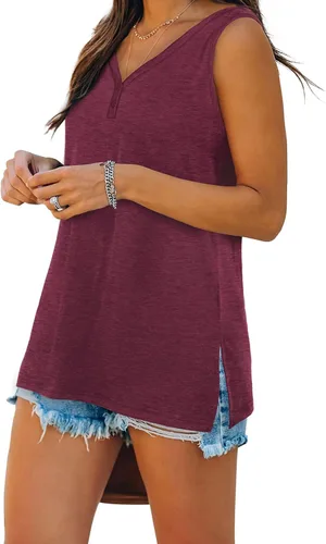 Miniatura 3 de WEESO Camisetas sin mangas de verano con cuello en V para mujer, con botones, ajuste holgado