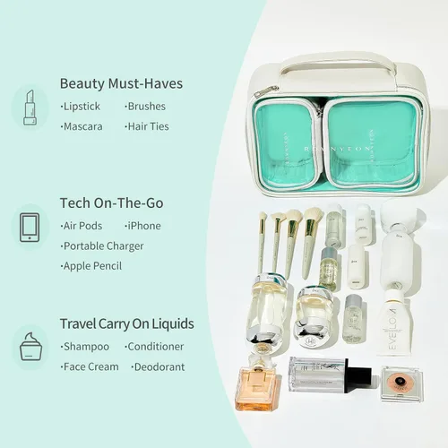 Miniatura 8 de ROWNYEON Juego organizador de cosméticos de alta calidad, bolsas de almacenamiento de PVC transparente y piel sintética con forro azul en tono joya