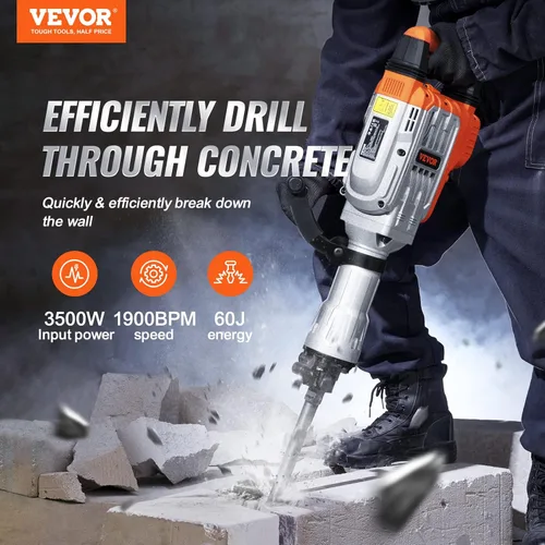 Miniatura 2 de VEVOR - Martillo eléctrico para demolición, de 3,500 W máximo y 1,900 BPM, con 2 cinceles, estuche, guantes y mango delantero giratorio de 360°