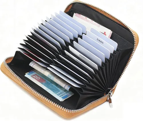 Miniatura 11 de boshiho Cartera con bloqueo RFID de 24 ranuras para tarjetas de crédito, de piel auténtica, organizador de múltiples tarjetas, con cremallera