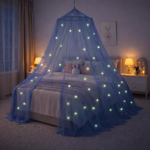 Miniatura 8 de Dosel de Cama Azul, Dosel de Cama Azul con Estrellas que Brillan en la Oscuridad para Niñas, Niños, Niñas y Bebés, Red para Cubrir la Cuna, Niño