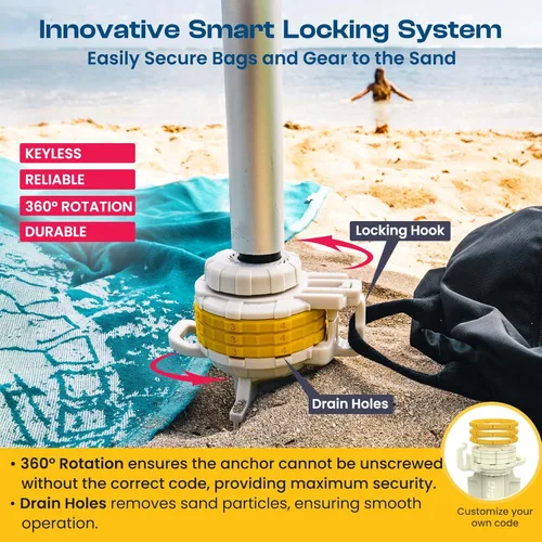 Miniatura 7 de Diggo Anclaje de playa multiusos con cerradura de combinación, seguridad de bolsa antirrobo, estaca de amarre para perros, anclaje de paraguas
