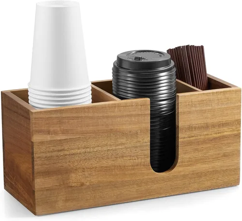 Miniatura 8 de Organizador de tazas de café de madera de acacia ALELION para mostrador - Accesorios y organizador de barra de café de madera - Organizador