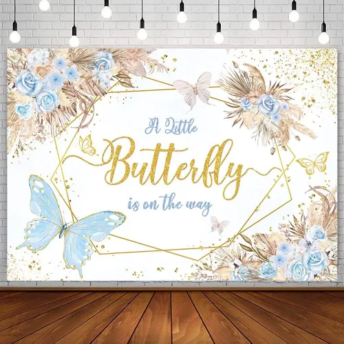 AIBIIN Telón de fondo bohemio de mariposa para baby shower, de 7 x 5 pies, con texto en inglés "A Little Butterfly is on the Way", fondo de Azul
