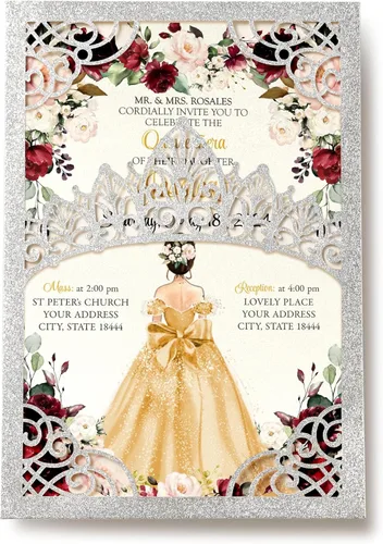 Miniatura 8 de 50 invitaciones de quinceañera con corona negra perlada cortada con láser Invitaciones de cumpleaños florales burdeos para Sweet 16/Miss XV