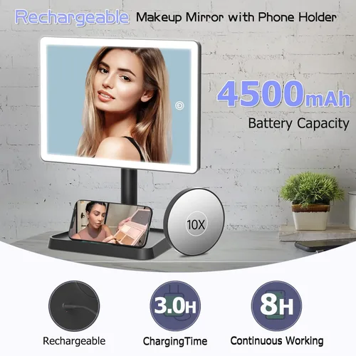 Miniatura 2 de FUNTOUCH Espejo de tocador de maquillaje recargable con luces, espejo de escritorio grande iluminado con 96 luces LED y aumento de 10x, iluminación