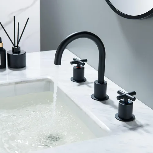 Miniatura 2 de 2 grifos de lavabo de baño dorados con mango cruzado con drenaje de residuos para fregadero de cubierta de 3 agujeros, latón macizo negro mate Mate