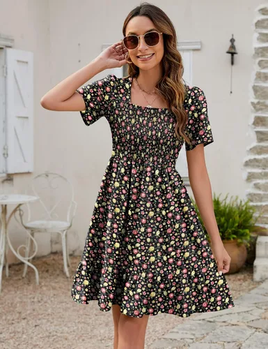 Miniatura 3 de Qirno Vestido corto de gasa para mujer, casual, cuello cuadrado, con vuelo, manga corta, fruncido, escalonado, acampanado, de gasa, S-XL