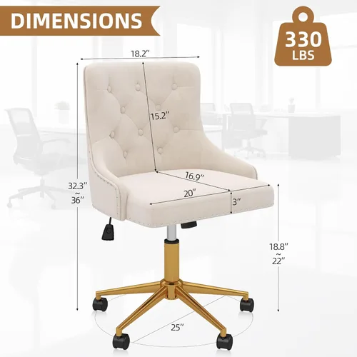 Miniatura 3 de Westice Sillas de escritorio de terciopelo, silla giratoria tapizada de maquillaje cómoda con respaldo copetudo, base de metal dorado y ruedas, Beige
