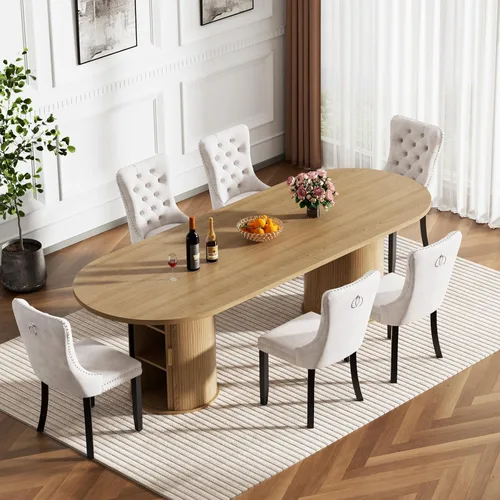 Miniatura 11 de Mesa de comedor redonda extensible con base de almacenamiento, mesa de comedor expandible natural de 63 a 94 pulgadas para 10 personas, mesa