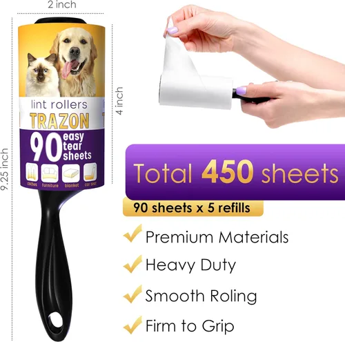 Miniatura 2 de Paquete económico de 450 hojas / 5 repuestos, rodillo adhesivo, removedor de pelusa para perros, gatos, pelo de mascotas, rodillos de pelusa