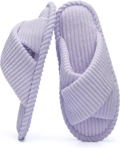 Miniatura 21 de GOEWY - Pantuflas para mujer con espuma viscoelástica para el hogar, con entretejido de pana, tiras cruzadas, con punta abierta, sandalias cómodas
