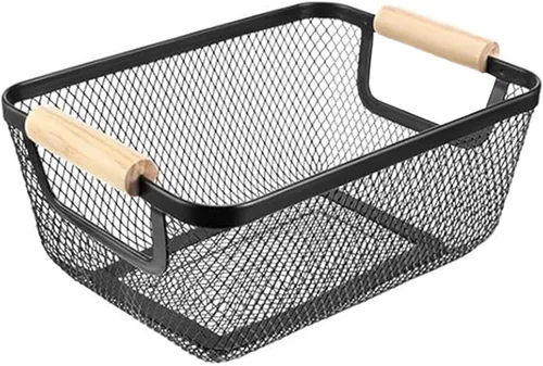 AJIODA Cesta de acero de malla metálica, cesta organizadora de almacenamiento de alambre pequeña, cesta de cocina colgante multifunción con mango de